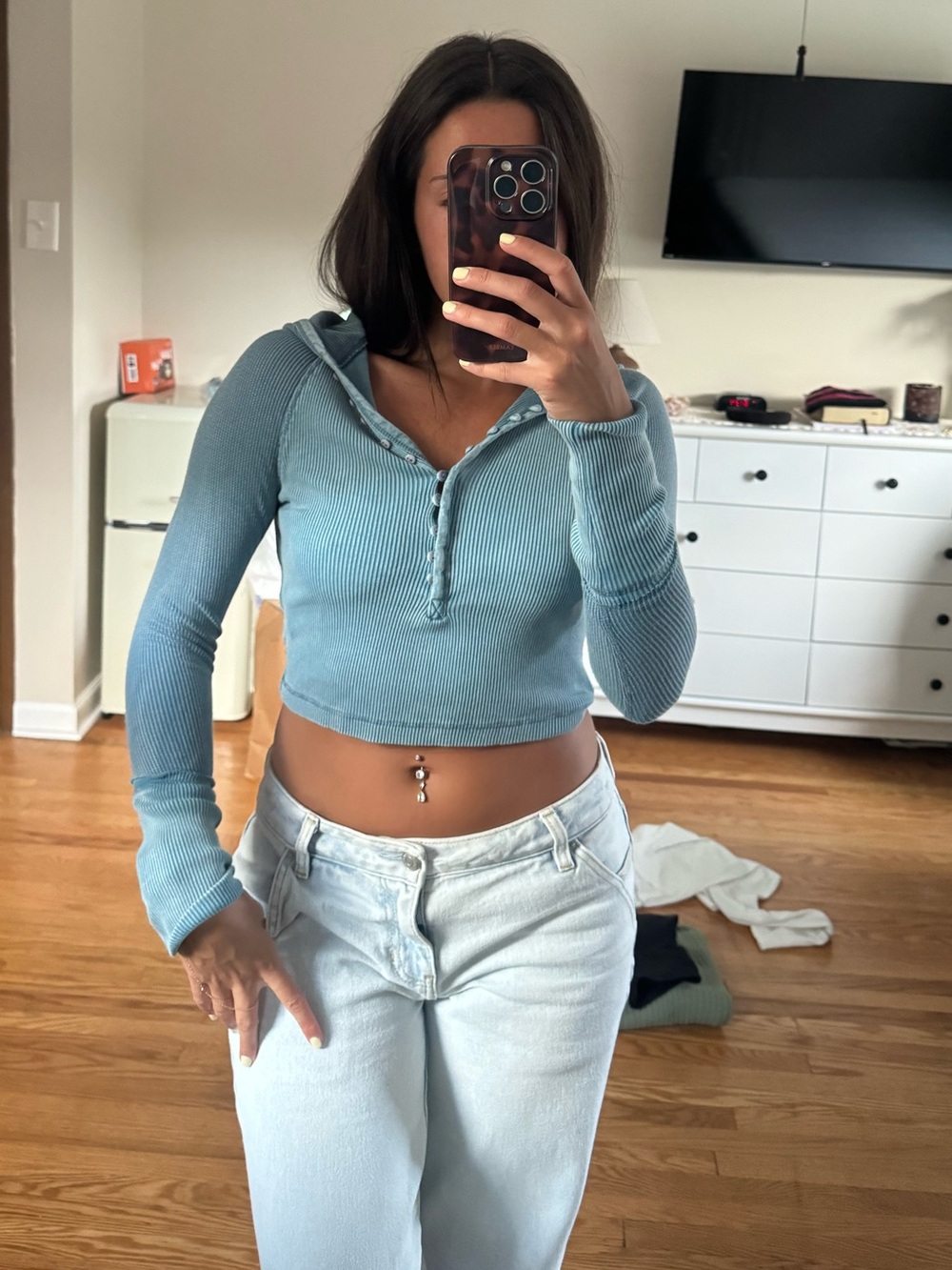 BDG Light Blue Ribbed V-Neck Hooded Henley Sweater
